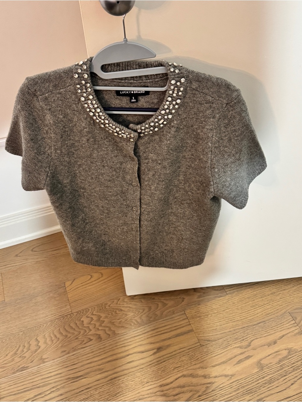 Lucky Brand Gray Short Sleeve Jeweled Collar Cardigan